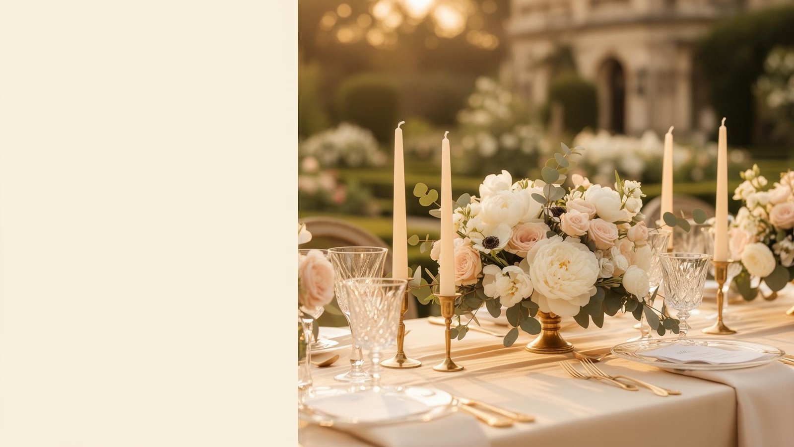 Edle Hochzeitstafel im goldenen Licht – florale Arrangements, Kerzen und Kristallgläser